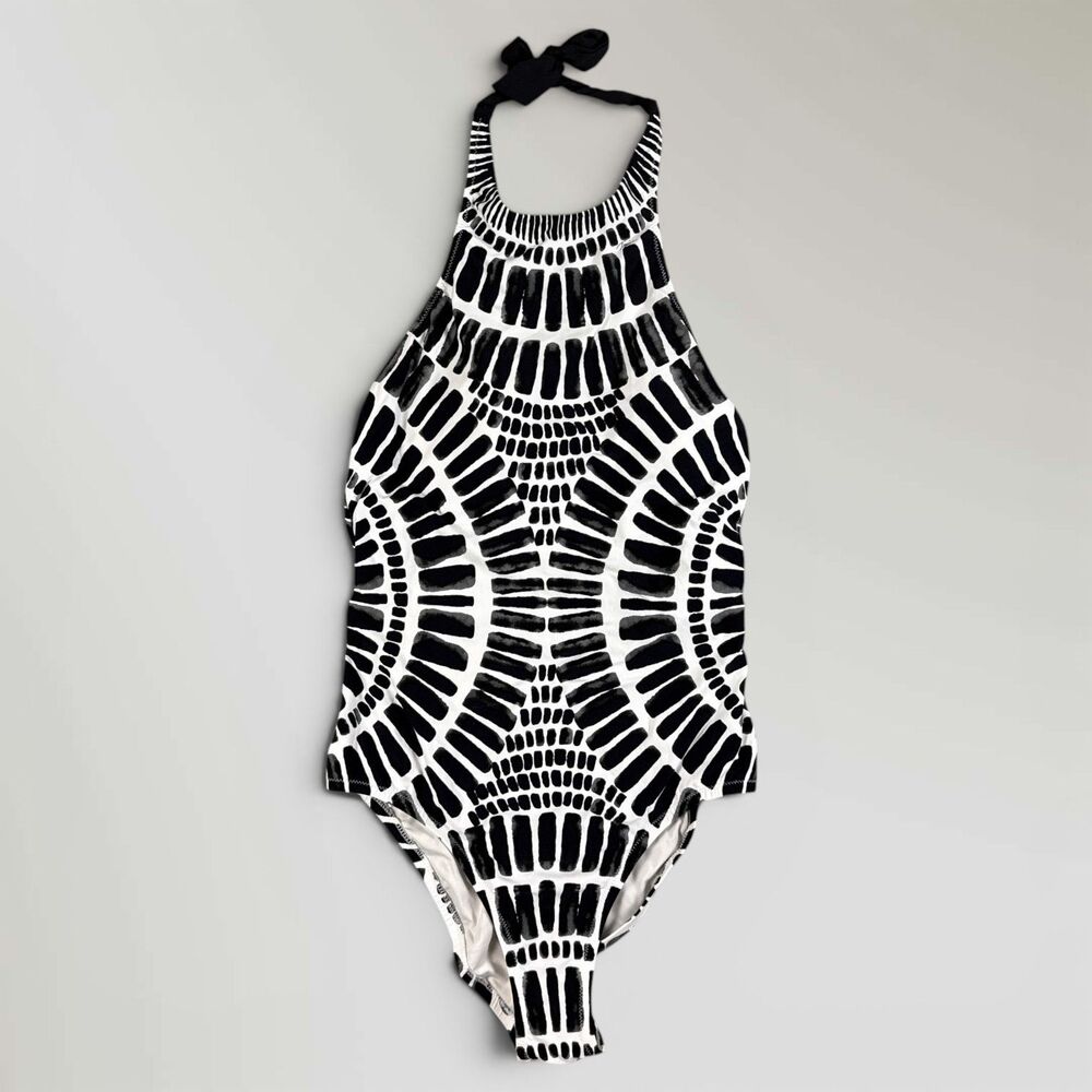 Trina Turk Algiers High Neck One-Piece Swimsuit Black White Size US 12